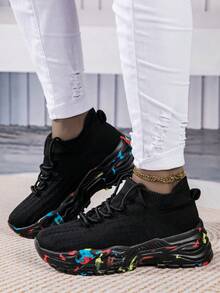 Women's Outdoor Low-Cut Thick-Soled Elevator Breathable Fashionable Spring/Summer/Autumn Casual Sock Shoes Sneakers - Black - View 5