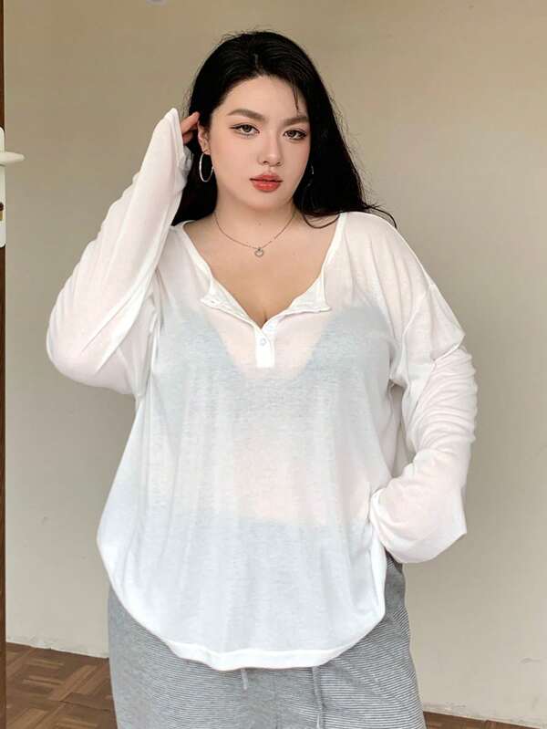 Dazy Plus Plus Size Solid Color Loose Fit T-Shirt With Round Neckline And Half Button Placket Sheer Long Sleeve Women Tops,Fall Women Clothes