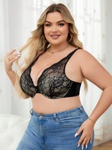 Sujetador sexy bralette con encaje negro y malla transparente con copas de esponja y aro para tallas grandes, lencería (1 pieza)