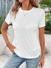 SHEIN LUNE Summer Back To School Fashionable White Flower Applique Short Sleeve Women's T-Shirt