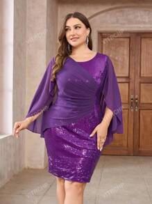 Plus Size Women Asymmetric Neck Cape Sleeve Ruched Sequin Embellished Fitted Short Formal Dress