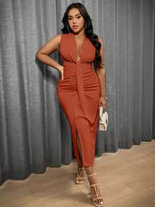 Maweii 加肥款深V領褶皺分襟長裙 - 鏽棕色 - 查看 5