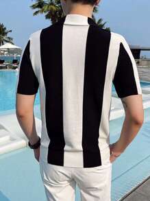 Men's Casual Dual-Tone Simple Short Sleeve Knitted Cardigan - Black and White - View 2