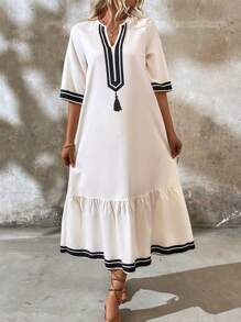 SHEIN LUNE Mùa hè dành cho nữ sọc tua rua cổ chữ V Raglan tay áo dài tay xù xù viền dài - trắng - Xem 3