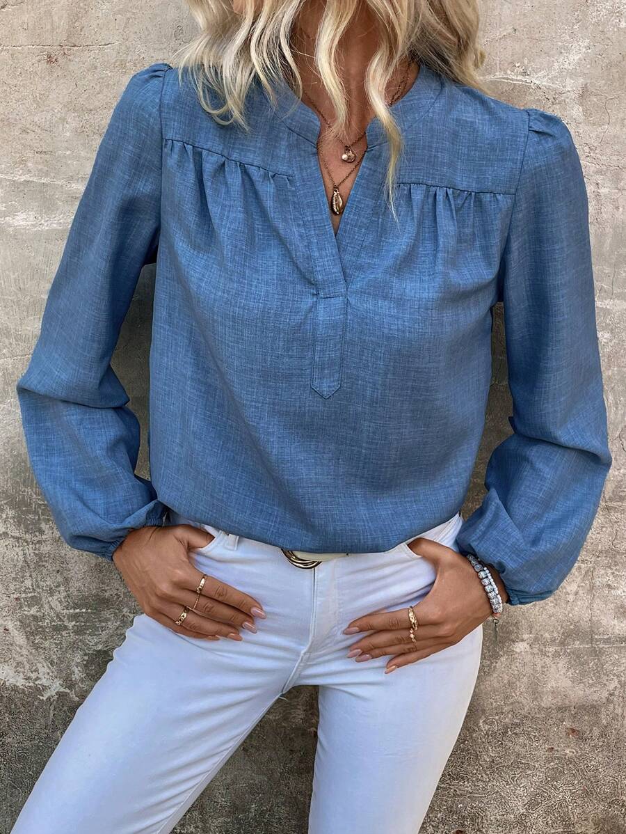 SHEIN LUNE V-Neck Bamboo Fabric Woven Vintage Style Long Sleeve Women Blouse - Blue - View 1