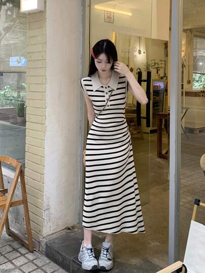 RUIWY 女式休闲纯色 Polo 领褶饰腰部针织连衣裙，夏季