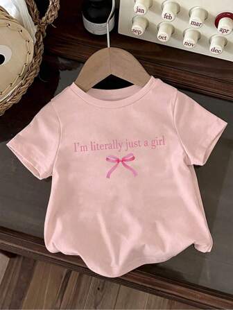 Mode und süßes Baby Mädchen Kurzarm T-Shirt mit Schleife und Buchstaben Muster, bequem für jeden Tag, Rundhals Sommer T-Shirt