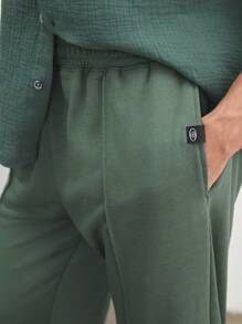 AKNOTIC Business Casual Men's Knitted Elastic Waist Drawstring Mid-Rise Loose Fit Straight Leg Casual Pants, Long-Length, Suitable For Spring And Summer Daily Wear - Dark Green - View 2