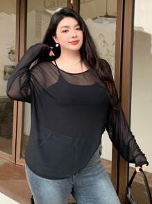 Dazy Plus 加大码宽松纯色长袖上衣，大圆领，透视细节，外出上衣，返校服装，秋季女装 - 黑色 - 查看 4