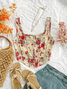 Soleia WYWH女士腰帶束腰花卉印花度假坦克上衣，配有方領