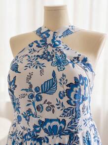 Soleia Vestido largo de talla grande con abertura extendida en azul y blanco para vacaciones informales WYWH - Azul y blanco - Ver 4