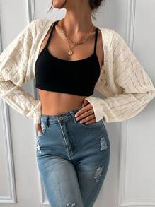 Chiquease 落肩前开襟短款开衫、长袖上衣 - 杏色 - 查看 4