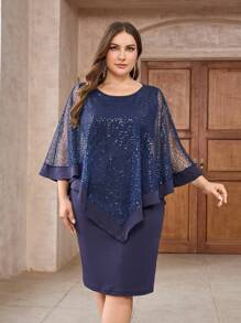 Vestido de la madre de la novia de manga de capa con malla de lentejuelas contrastantes en talla grande