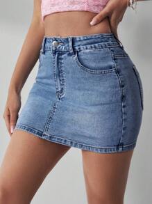 SHEIN EZwear Slant Pocket Bodycon Denim Mini Skirt Y2k - Medium Wash - View 3