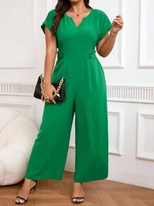 SHEIN Unity Plus Size Nữ Mùa Hè Màu Trơn Cổ Chữ V Có Trang Trí Nút Thắt Lưng Và Ống Rộng - màu xanh lá - Xem 3