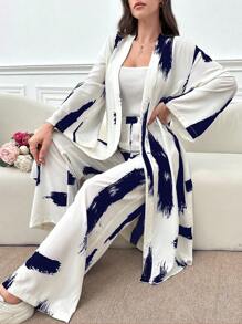 Mulvari Bộ áo len và quần có cổ in hình chổi chải rộng cho mùa xuân/hè - trắng - Xem 1