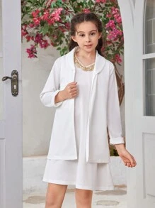 Tween Girl Summer Casual Solid Color Jacket And Sleeveless Dress Set
