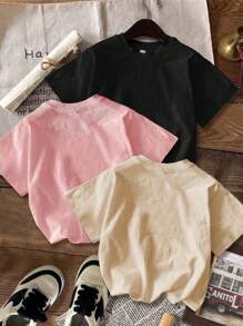 SHEIN Leap Crew Set de 3 camisetas de manga corta de cuello redondo con estampado de estrellas y lunas, estilo casual para niñas, adecuado para primavera/verano - Multicolor - Ver 2