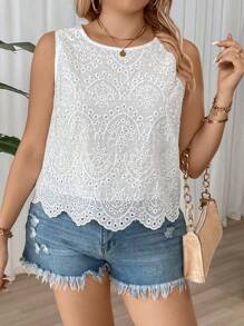 Calvaya Camisa sin mangas de talla grande de unicolor bordada con cuello redondo y detalle de ahuecado para el verano