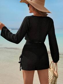 EURMUSE Solid Color Detail Cover Up Set, For Summer Beach Vacation - Black - View 2