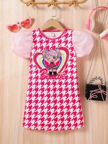 SHEIN Young Girl Knitted Plaid Cute Girl Pattern Contrast Mesh Integrated Dress - Hot Pink - View 1