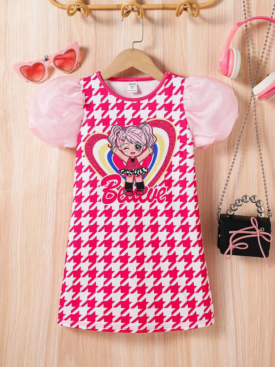 SHEIN Young Girl Knitted Plaid Cute Girl Pattern Contrast Mesh Integrated Dress - Hot Pink - View 1