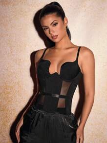 SHEIN SXY Corpiño de copa para el pecho Top de verano para mujer, parte superior de tirantes sexi con unicolor empalmado y ajuste delgado transparente