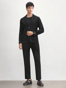 AKNOTIC Men's 2pcs Knitted Business Casual Suit Set, Long Sleeve Shoulderless Padded Coat And Straight-Leg Trousers For Spring/Autumn Office Wear - Black - View 6