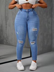Plus High Waist Ripped Skinny Jeans - Medium Wash - View 1