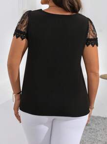 Celure Camisa de encaje de contraste de cuello cuadrado con ventilador de unicolor de tamaño grande para mujer en verano - Negro - Ver 2