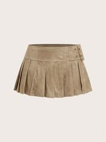 SHEIN EZwear Cool And Street-Style Motor Lady's Low-Waist A-Line Mini Skirt With Slit And Pleated Design - Khaki - View 7
