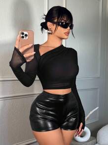SHEIN SXY Blusa transparente de malla con cuello asimétrico, para mujer de talla grande y sexy