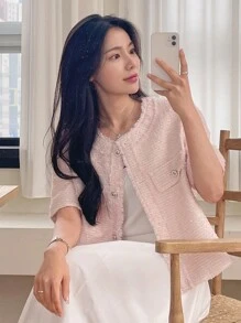 DAZY Women Button Front Flap Detail Jacket - Pink - View 1