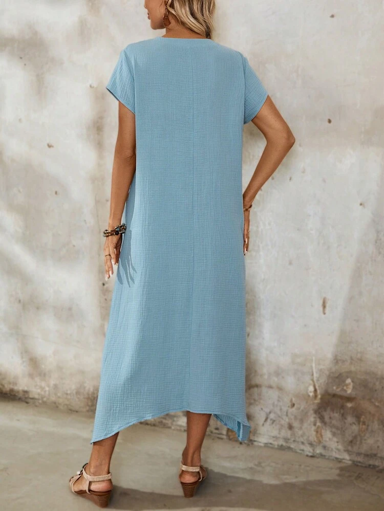 Solid Pocket Patched Asymmetrical Hem Dress