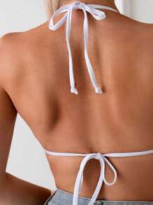 SHEIN Swim 夏季女士甜美蕾丝花卉蝴蝶结比基尼上衣 - 黑色 - 查看 6