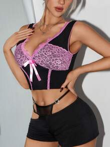 SHEIN ICON Color Block Floral Lace Bow Decorated Tank Top