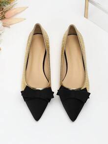 Giày Đế Bằng Mũi Nhọn Thanh Lịch Cho Nữ, Chất Liệu Họa Tiết Màu Vàng Với PU Màu Đen Và Trang Trí Thắt Nơ - Nhiều màu - Xem 5