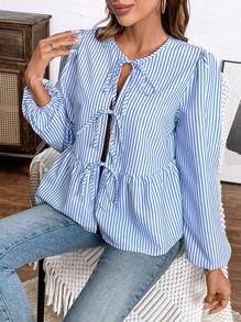 Chiquease Round Neck Striped Print Ruffle Hem Casual Long Sleeve Shirt - Blue - View 3