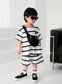 SHEIN 2pcs Young Boys' Casual College Style Comfortable, Fashionable, Simple And Practical, Soft And Comfortable, Korean And Loose Striped Pattern Breathable And Comfortable Short Sleeve T-Shirt And Shorts Set, Suitable For Spring And Summer Seasons - Multicolor - View 7