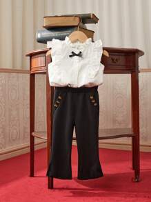 SHEIN Bé Gái Mùa Hè Ren Xù Tay Bướm Thiết Kế Thoải Mái Và Thoáng Khí Bộ Trang Phục Dự Tiệc Thích Hợp Cho Các Buổi Họp Mặt Ngoài Trời - Đen và trắng - Xem 7