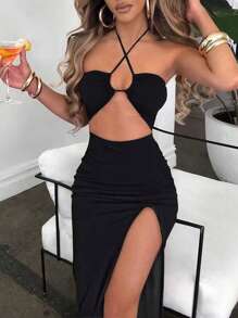 Zolique Conjunto sexy de 2 piezas para verano con top halter cruzado de unicolor y falda de tajo alto