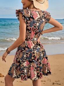 SHEIN VCAY Holiday Woven Printed Short Sleeve V-Neck Dress With Aircraft Pattern For Women - Multicolor - View 2