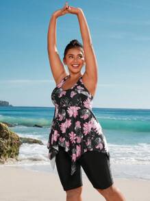 Swim Lushoire Conjunto de tankini de traje de baño de talla grande con Top de estampado floral y estilo vacacional y shorts de unicolor, para el verano