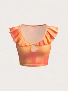 Sweetina Tie Dye Ruffle Trim Cut Out Front Crop Orange Top