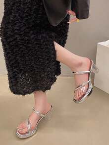 Women's Silver Round-Toe Open-Toe Big Size Sandals With Clear Straps And Slip-On High Heels - Silver - View 4