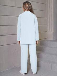 SHEIN LUNE 女士純色簡單日常穿著長袖上衣和褲子套裝 - 淺藍色 - 查看 2