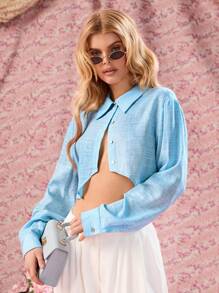 COSMINA Women Solid Button Front Crop Long Sleeve Shirt - Baby Blue - View 4