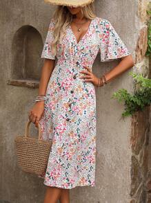 SHEIN LUNE 女士鮮花小印花連衣裙，V領設計，荷葉邊，A字型剪裁（隨機印花） - 白色 - 查看 5