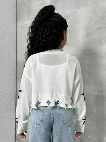 SHEIN Tween Girls' Loose Fit Sporty Knitted Short Cardigan With Star Pattern And Frayed Hem - White - View 2