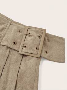 SHEIN EZwear Cool And Street-Style Motor Lady's Low-Waist A-Line Mini Skirt With Slit And Pleated Design - Khaki - View 9